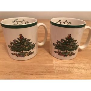 Spode Christmas Tree Coffee Mugs Cups Set of 2 With Green Trim Made in England
